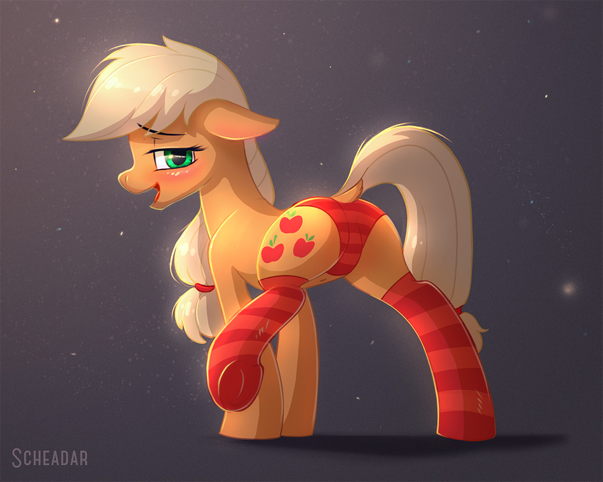 2018 applejack_(mlp) blonde_hair blush butt clothing cutie_mark digital_media_(artwork) dock earth_pony equine female feral friendship_is_magic green_eyes hair horse krrrokozjabrra legwear long_hair looking_at_viewer mammal my_little_pony open_mouth pony solo striped_legwear striped_underwear stripes