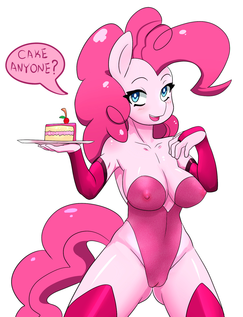 2015 anthro anthrofied arttmadness blue_eyes blush breasts cake camel_toe clothed clothing dialogue earth_pony english_text equine female food friendship_is_magic hair hi_res holding_food holding_object horse long_hair looking_at_viewer mammal my_little_pony nipples pink_hair pinkie_pie_(mlp) plate pony pussy simple_background skimpy solo text translucent transparent_clothing white_background