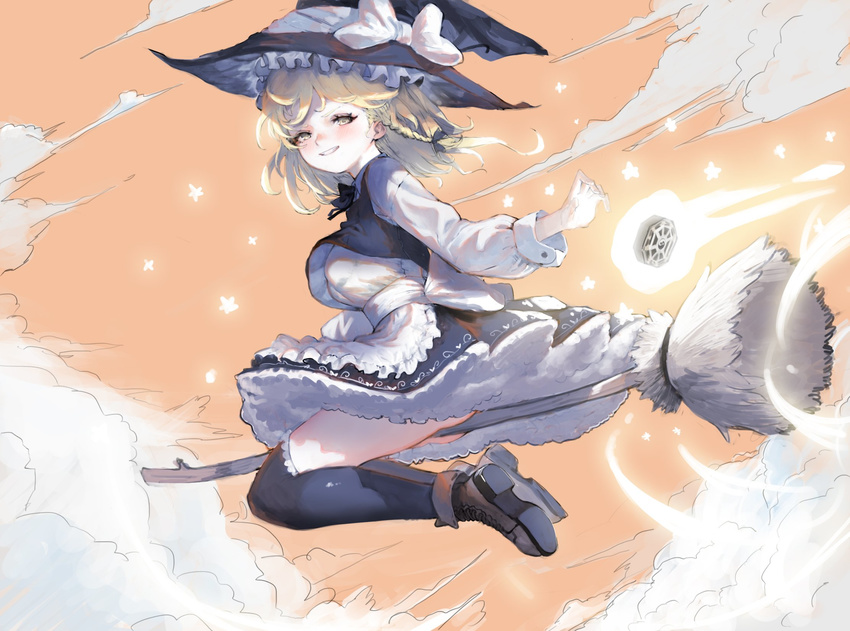 ankle_boots apron ass black_legwear blonde_hair blush boots breasts broom broom_riding cloud collared_shirt ear_blush grin hat heoningu highres kirisame_marisa lace lace-trimmed_thighhighs long_sleeves looking_at_viewer looking_back medium_breasts mini-hakkero shirt smile solo star thighhighs touhou vest waist_apron wind witch_hat yellow_eyes