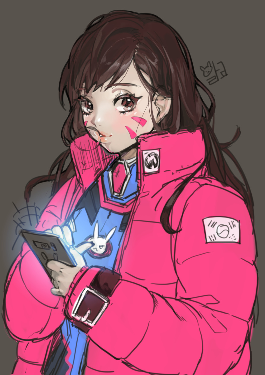 absurdres alraco bodysuit brown_eyes brown_hair bubble_blowing cellphone chewing_gum d.va_(overwatch) high_collar highres jacket lips long_hair looking_at_viewer overwatch phone pilot_suit pink_jacket sketch smartphone solo whisker_markings