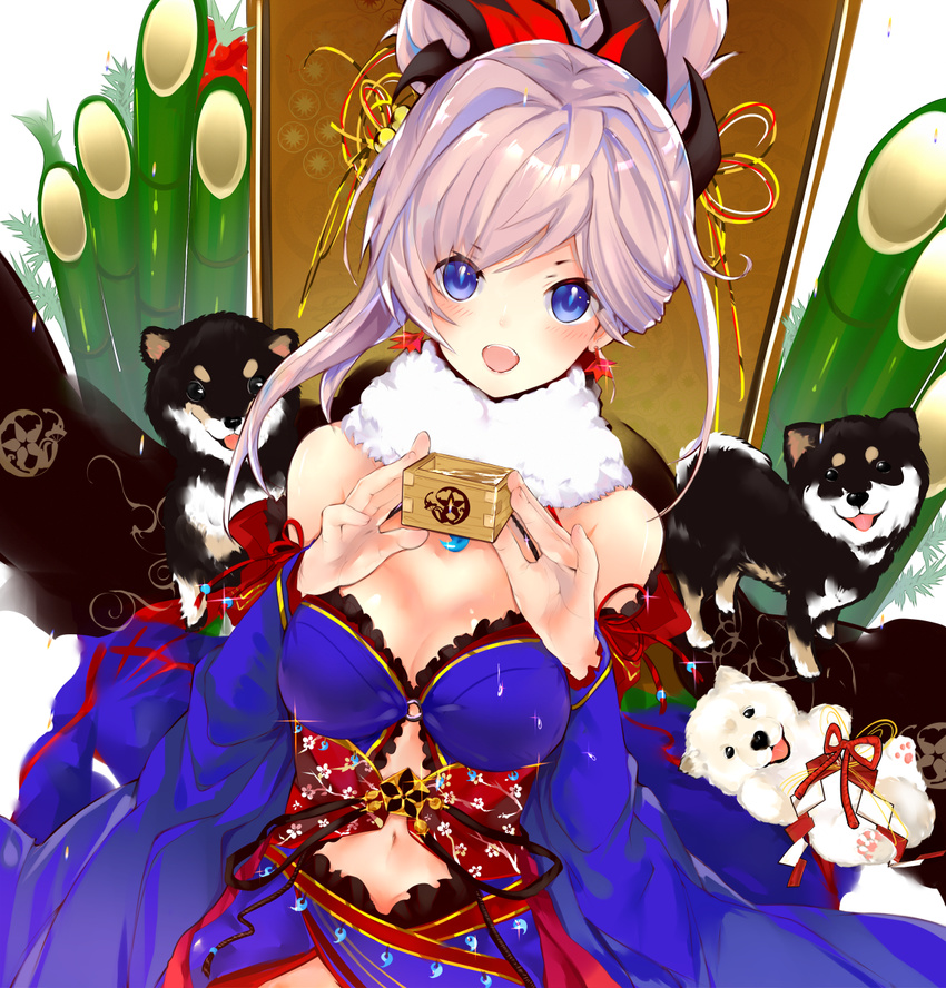 bamboo blue_dress blue_eyes blush breasts cleavage detached_sleeves dog dress fate/grand_order fate_(series) hair_ornament highres itohime long_hair looking_at_viewer medium_breasts midriff miyamoto_musashi_(fate/grand_order) navel new_year o-ring open_mouth ponytail sidelocks silver_hair sleeveless sleeveless_dress solo stomach