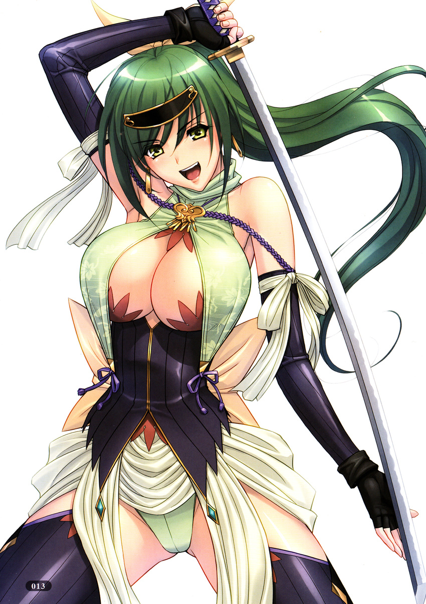arm_up armpits bare_shoulders bow breasts cleavage earrings elbow_gloves fingerless_gloves gloves green_eyes green_hair hair_bow highres holding holding_sword holding_weapon jewelry katana large_breasts long_hair looking_at_viewer magaki_ryouta open_mouth original page_number ponytail scan simple_background sleeveless smile solo sword thighhighs weapon white_background