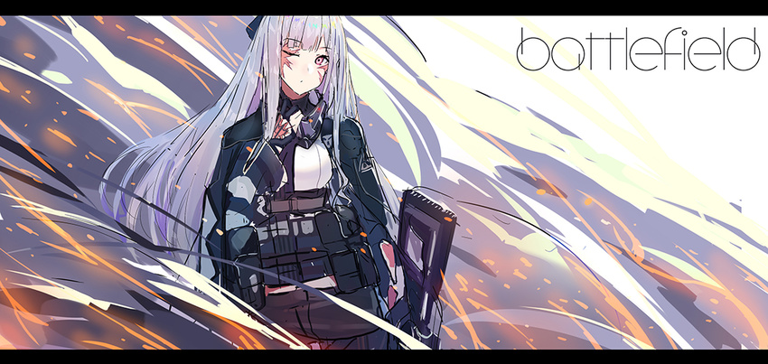 ak-12 ak-12_(girls_frontline) armor blood blood_on_face commentary echj girls_frontline grey_hair gun long_hair looking_at_viewer one_eye_closed rifle smoke solo weapon white_hair