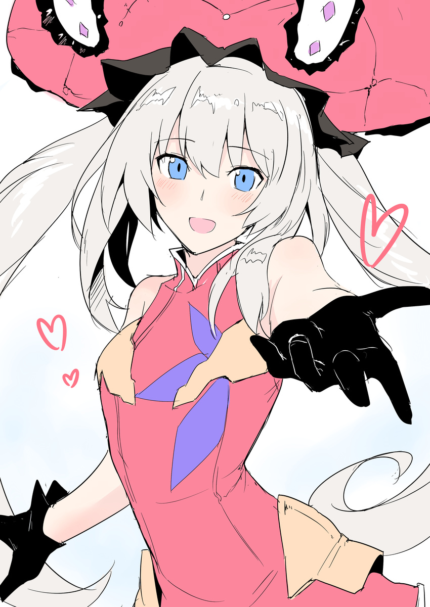 :d absurdres bangs black_gloves blue_eyes blush dress eyebrows_visible_through_hair fate/grand_order fate_(series) gloves grey_hair harukon_(halcon) hat highres long_hair looking_at_viewer marie_antoinette_(fate/grand_order) open_mouth outstretched_arm pink_dress simple_background smile solo upper_body white_background