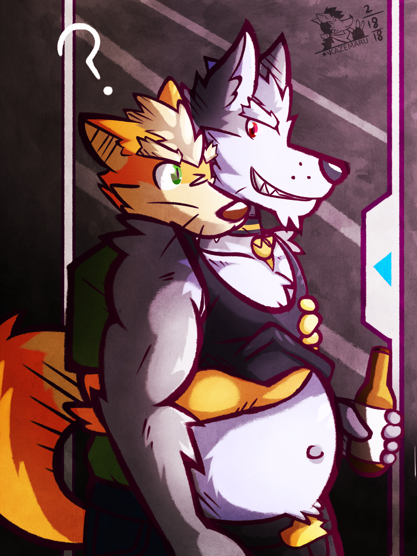 ? absurd_res alcohol anthro beer belly beverage bite canine collar duo fox fox_mccloud hi_res hug hugging_from_behind male male/male mammal muscular muscular_male neck_bite nintendo slightly_chubby star_fox ventkazemaru video_games whiskers wolf wolf_o'donnell