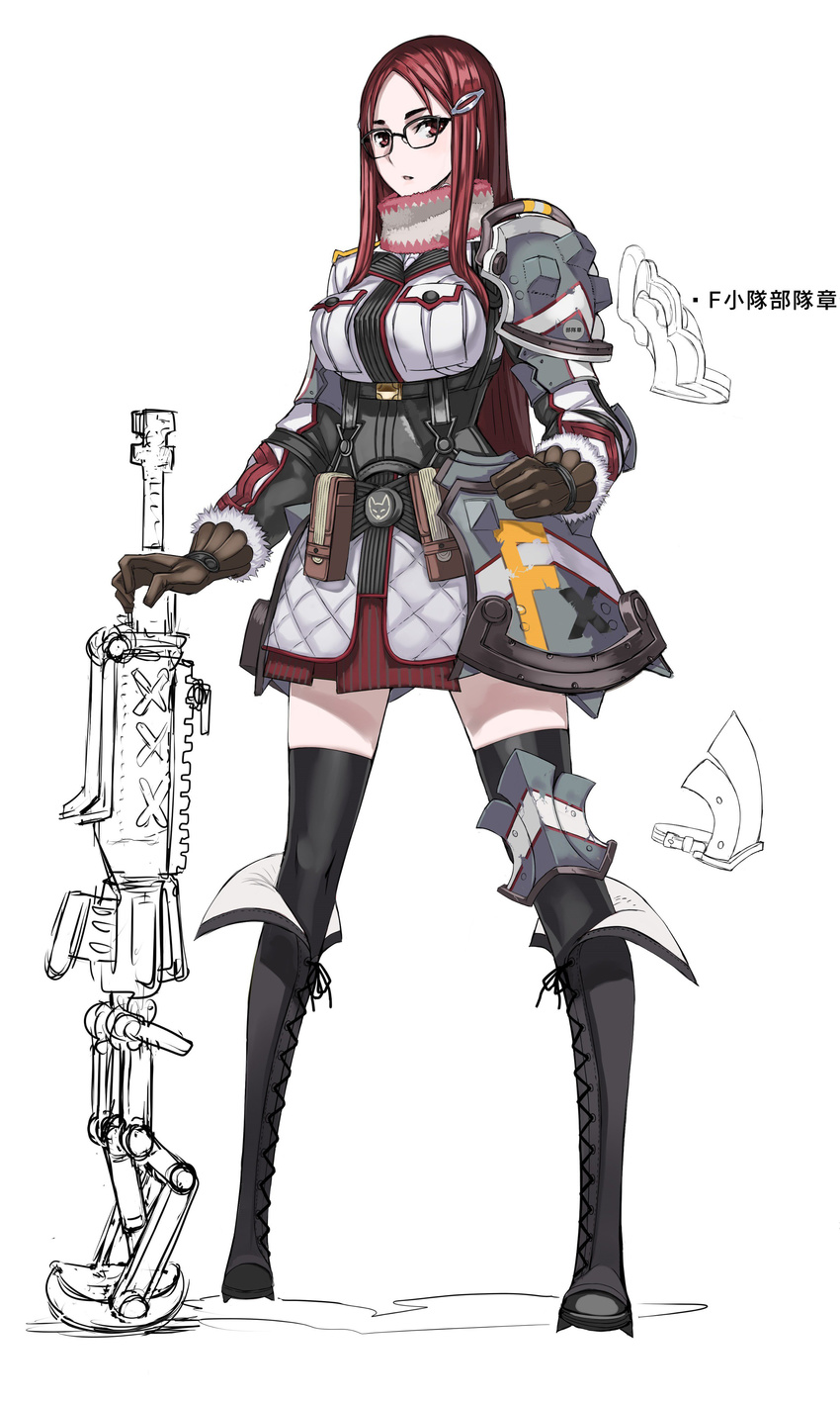 absurdres armor black_legwear boots breast_pocket breasts commentary_request concept_art full_body fur_trim glasses gloves gun hair_ornament hairclip highres holding honjou_raita knee_boots large_breasts long_hair long_sleeves minerva_victor official_art open_mouth planted_weapon pocket red_eyes red_hair scarf senjou_no_valkyria senjou_no_valkyria_4 shoulder_armor simple_background single_knee_pad skirt solo standing thighhighs weapon white_background zettai_ryouiki