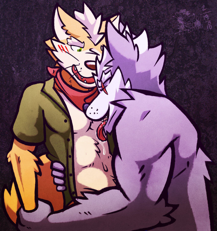 absurd_res anthro blush canine clothed clothing drooling fox fox_mccloud hi_res licking male male/male mammal muscular muscular_male nintendo saliva star_fox tongue tongue_out topless ventkazemaru video_games wolf wolf_o'donnell