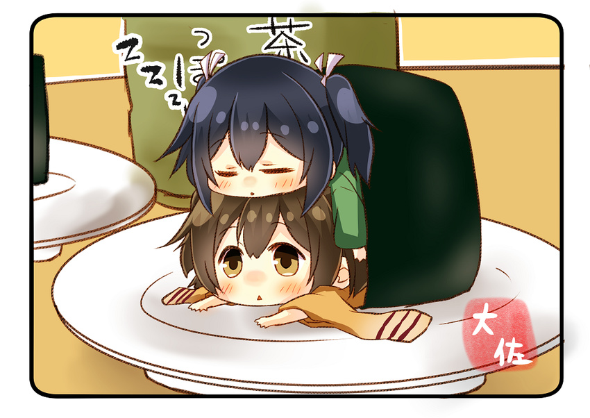 artist_name blue_hair brown_eyes brown_hair chibi closed_eyes commentary_request green_kimono hair_between_eyes hiryuu_(kantai_collection) japanese_clothes kantai_collection kimono lying lying_on_person minigirl multiple_girls on_stomach plate short_hair sleeping sleeping_on_person souryuu_(kantai_collection) taisa_(kari) triangle_mouth twintails wide_sleeves yellow_kimono zzz