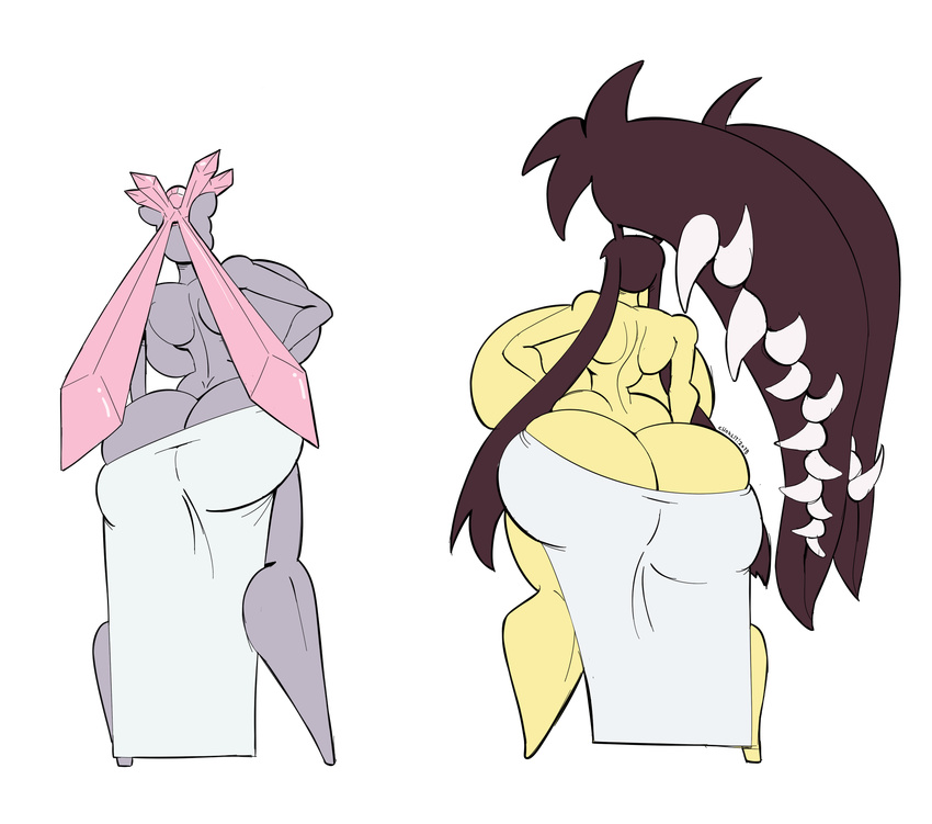 2018 alpha_channel back_boob big_breasts big_butt breasts butt crystal diancie duo female hair hi_res huge_breasts huge_butt humanoid legendary_pok&eacute;mon mammal mawile mineral_fauna nintendo not_furry pok&eacute;mon pok&eacute;mon_(species) simple_background standing tasteofchoklit thick_thighs towel transparent_background video_games voluptuous wide_hips