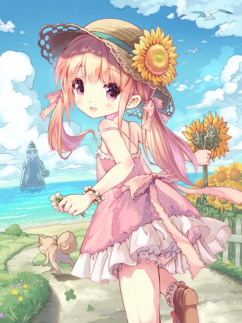 :d absurdres animal bangs bare_shoulders bird bloomers blue_sky blush bobby_socks brown_footwear child cloud clover colossus commentary_request criss-cross_halter day dog dress eyebrows_visible_through_hair fantasy flower four-leaf_clover hair_between_eyes halterneck hat hat_flower highres holding holding_flower kankurou light_brown_hair long_hair looking_at_viewer looking_back moe2018 ocean open_mouth original outdoors outstretched_arm pink_dress purple_eyes shoes sky smile socks solo standing standing_on_one_leg strap_slip straw_hat summer sunflower twintails underwear water white_bloomers white_flower white_legwear yellow_flower