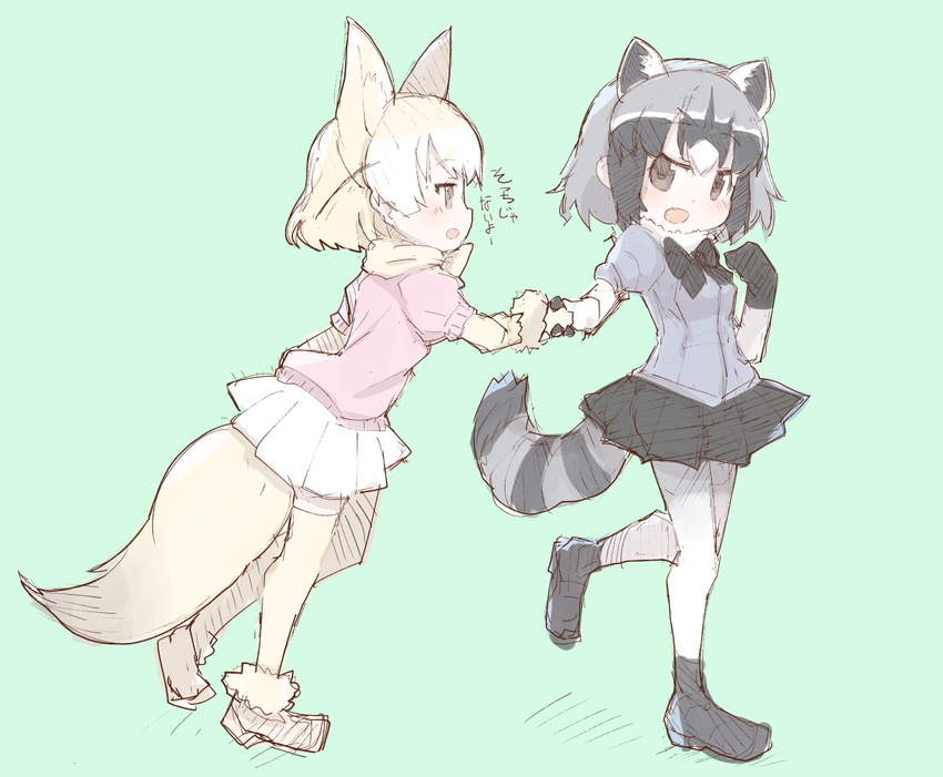 animal_ears bow bowtie check_translation common_raccoon_(kemono_friends) fang fennec_(kemono_friends) fox_ears fox_tail fur_trim gloves holding_hands kemono_friends multicolored_hair multiple_girls open_mouth pantyhose pleated_skirt puffy_short_sleeves puffy_sleeves raccoon_ears raccoon_tail short_hair short_sleeves skirt tail teranekosu thighhighs translation_request