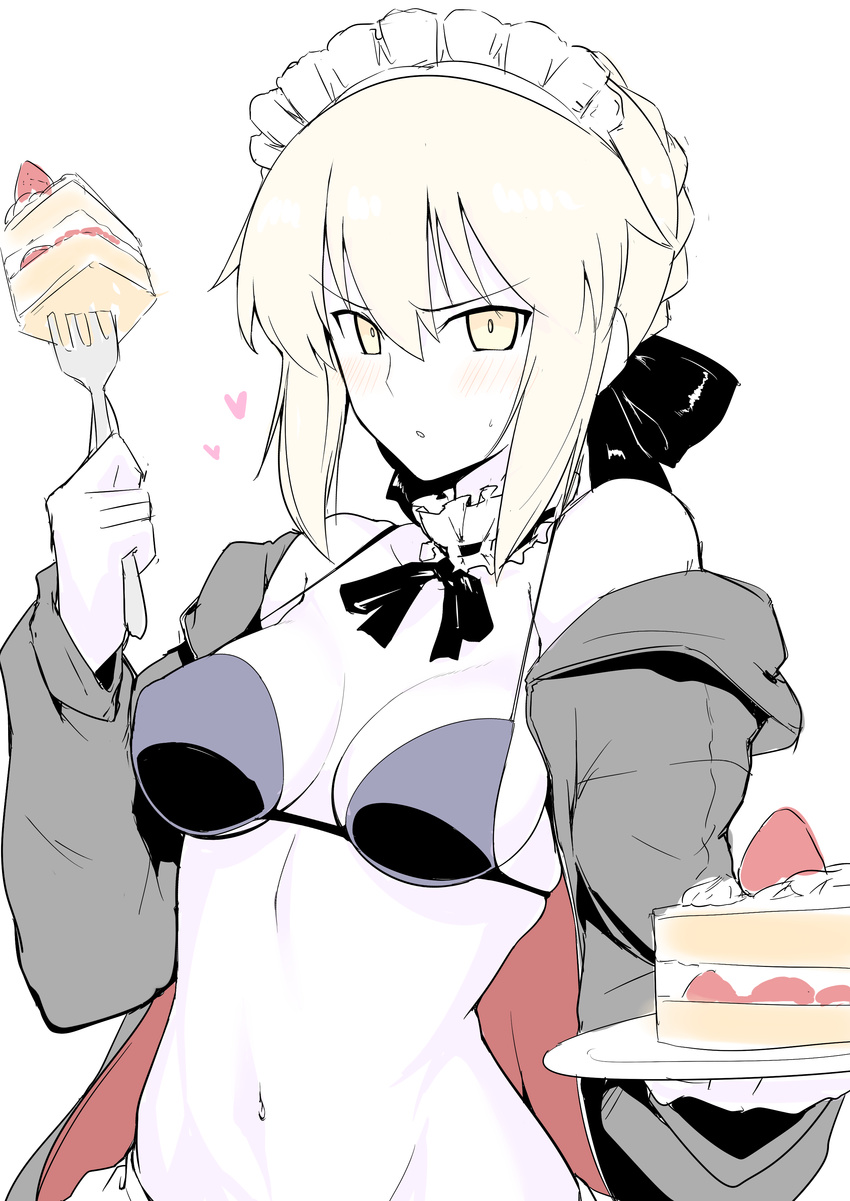 :o absurdres artoria_pendragon_(all) artoria_pendragon_(swimsuit_rider_alter) bangs bare_shoulders bikini black_bikini black_jacket black_ribbon blush braid breasts cake collar commentary_request detached_collar fate/grand_order fate/stay_night fate_(series) food fork french_braid frilled_collar frills fruit hair_ribbon harukon_(halcon) heart highres hood hoodie jacket looking_at_viewer maid_headdress navel neck_ribbon off_shoulder open_clothes open_jacket pale_skin ribbon silver_hair simple_background small_breasts solo strawberry swimsuit v-shaped_eyebrows white_background yellow_eyes