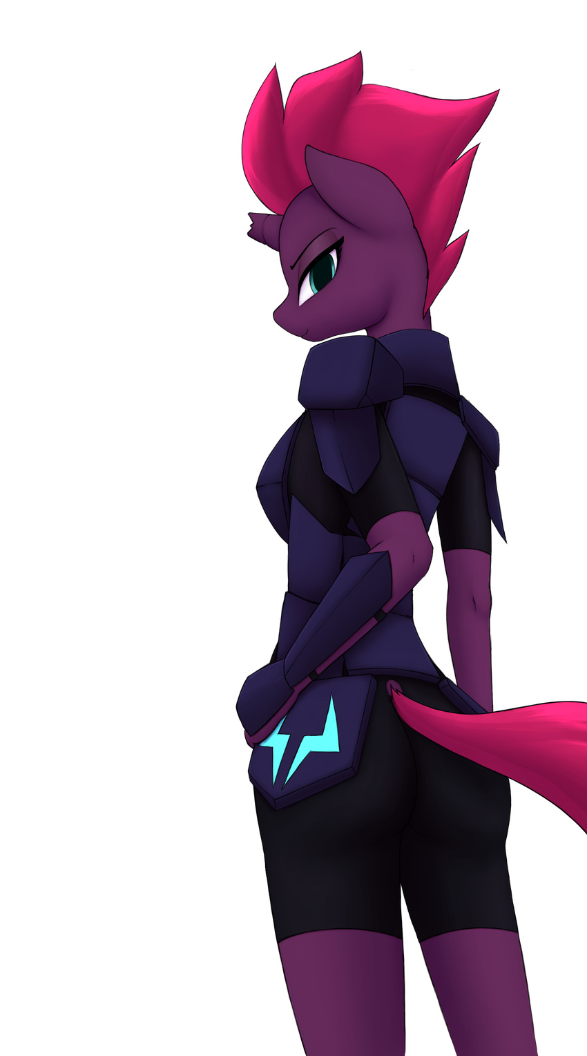 2018 absurd_res alpha_channel anearbyanimal anthro anthrofied broken_horn butt butt_pose clothing digital_media_(artwork) equine female fizzlepop_berrytwist_(mlp) hair hi_res horn mammal my_little_pony my_little_pony_the_movie simple_background smile solo tempest_shadow_(mlp) transparent_background unicorn