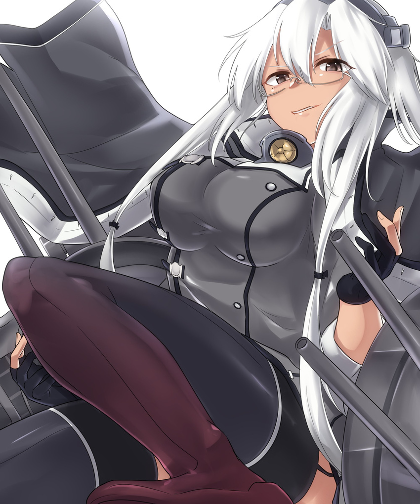 absurdres black_gloves boots breasts brown_eyes buttons dark_skin fingerless_gloves garter_straps glasses gloves grey_jacket grey_legwear headgear highres impossible_clothes jacket kantai_collection kiritto large_breasts long_hair looking_at_viewer musashi_(kantai_collection) remodel_(kantai_collection) rigging silver_hair simple_background smirk solo thigh_boots thighhighs turret white_background