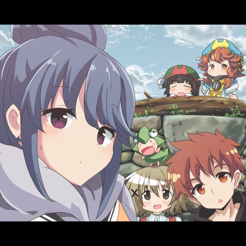 4girls :d blue_hair blue_sky blush brown_eyes buttons closed_eyes cloud commentary_request creature_on_head crossover day emiya-san_chi_no_kyou_no_gohan emiya_shirou expressionless fate_(series) hair_bun hair_ornament hakumei_(hakumei_to_mikochi) hakumei_to_mikochi hat hidamari_sketch highres letterboxed light_brown_hair log looking_at_viewer mikochi_(hakumei_to_mikochi) multiple_crossover multiple_girls open_mouth orange_eyes outdoors puffy_short_sleeves puffy_sleeves purple_eyes red_hair ryogo season_connection shima_rin short_sleeves sidelocks sky smile stone_wall tabard trait_connection twintails ume-sensei upper_body wall x_hair_ornament yuno yurucamp