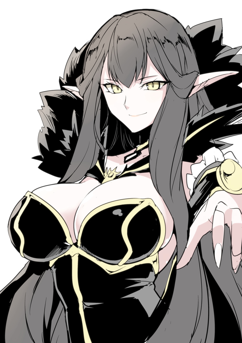 absurdres bangs black_dress breasts closed_mouth commentary_request dress fate/apocrypha fate_(series) fingernails grey_hair harukon_(halcon) highres large_breasts long_hair nail_polish pointy_ears semiramis_(fate) simple_background slit_pupils smile solo upper_body very_long_hair white_background white_nails yellow_eyes