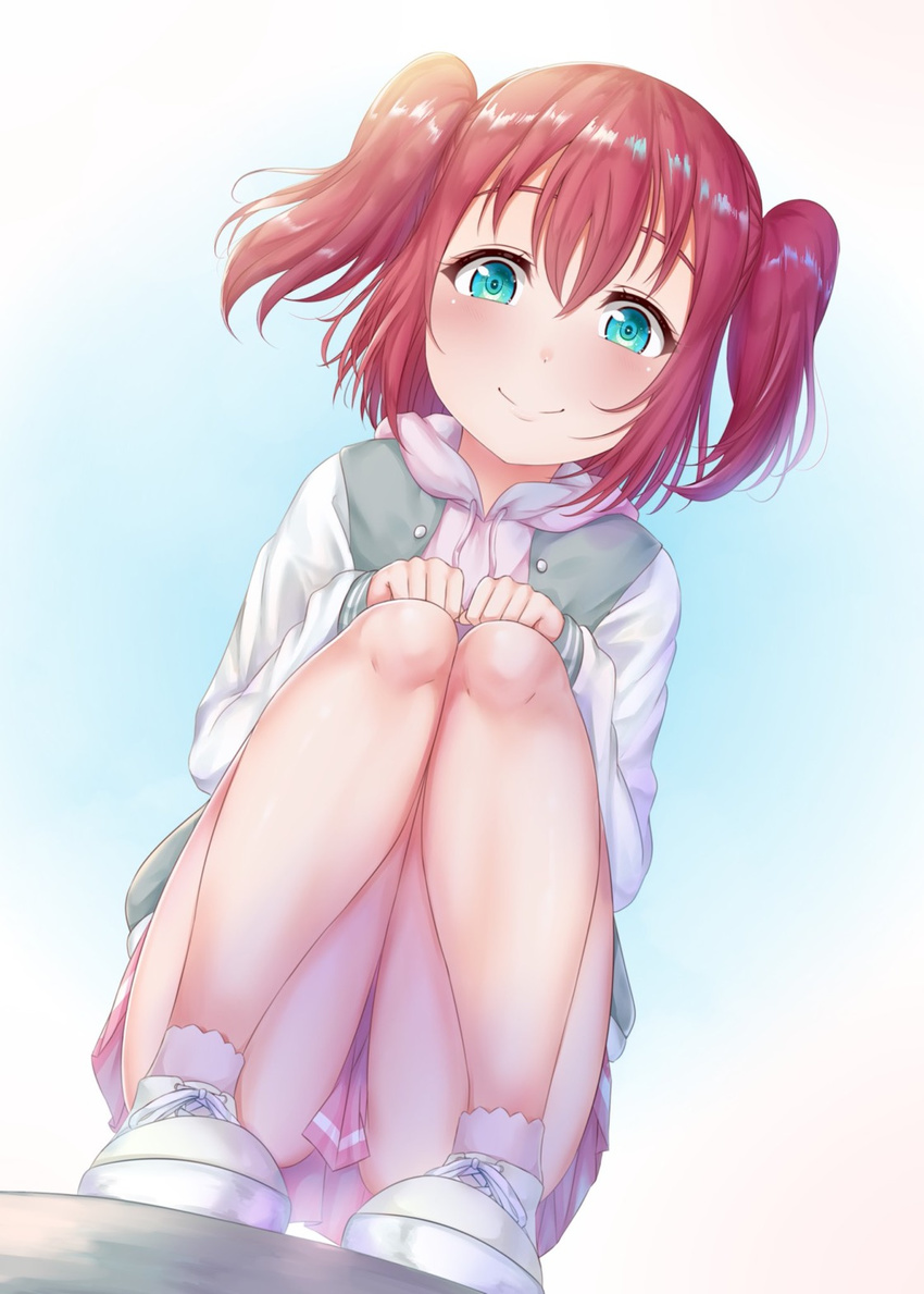 aqua_eyes bangs blush closed_mouth commentary_request drawstring dutch_angle floating_hair from_below full_body hair_between_eyes highres hood hood_down hoodie knees_together_feet_apart kurosawa_ruby laces long_sleeves looking_at_viewer love_live! love_live!_sunshine!! medium_hair pink_skirt rama_(yu-light8) red_hair shiny shiny_hair shoes skirt smile socks solo squatting tareme two_side_up white_footwear white_hoodie white_legwear