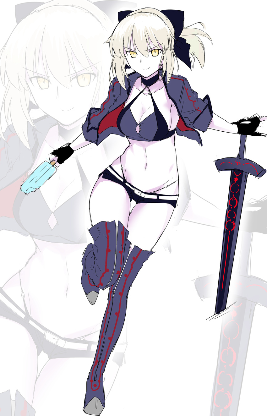 absurdres artoria_pendragon_(all) artoria_pendragon_(swimsuit_rider_alter) bangs bikini bikini_under_clothes blonde_hair breasts choker collarbone fate/grand_order fate_(series) fingerless_gloves food gloves groin hair_ribbon harukon_(halcon) highres jacket medium_breasts navel ponytail popsicle ribbon short_hair sideboob smile solo swimsuit sword thighhighs weapon yellow_eyes zoom_layer