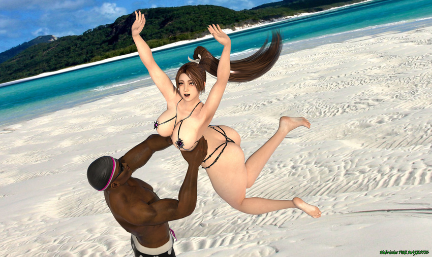 1boy 1girl 3d arms_up ass back bare_back bare_legs bare_shoulders barefoot beach bikini breasts brown_eyes brown_hair dark-skinned_male dark_skin dead_or_alive fatal_fury feet female hips huge_ass king_of_fighters large_breasts long_hair male micro_bikini ocean open_mouth ponytail sand shiranui_mai sky smile swimsuit the_majestic thick_thighs thighs tree water wide_hips zack_(doa)