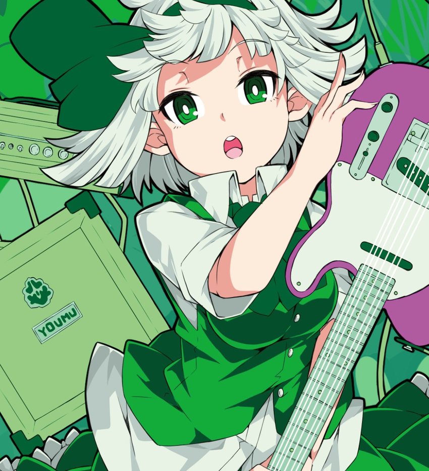 breasts character_name commentary_request electric_guitar eyebrows_visible_through_hair frills green_eyes green_hairband green_ribbon green_skirt green_vest guitar hair_ribbon hairband instrument ishimu konpaku_youmu looking_at_viewer medium_breasts open_mouth petticoat ribbon shirt short_hair silver_hair skirt solo touhou upper_body vest white_shirt