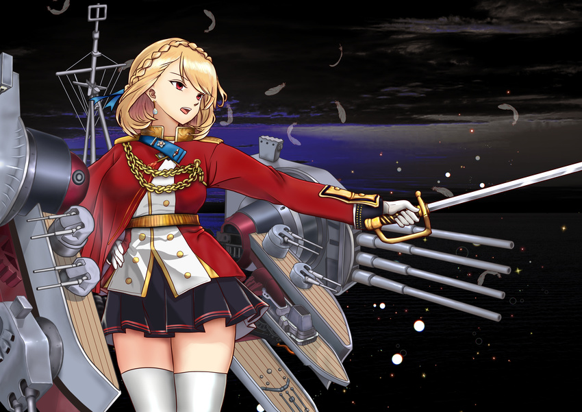 azur_lane blonde_hair braid cape chain epaulettes feathers french_braid gloves hand_on_hip highres holding holding_sword holding_weapon left-handed night_one open_mouth prince_of_wales_(azur_lane) red_eyes rigging short_hair skindentation skirt solo sword thighhighs thighs turret weapon white_gloves white_legwear zettai_ryouiki