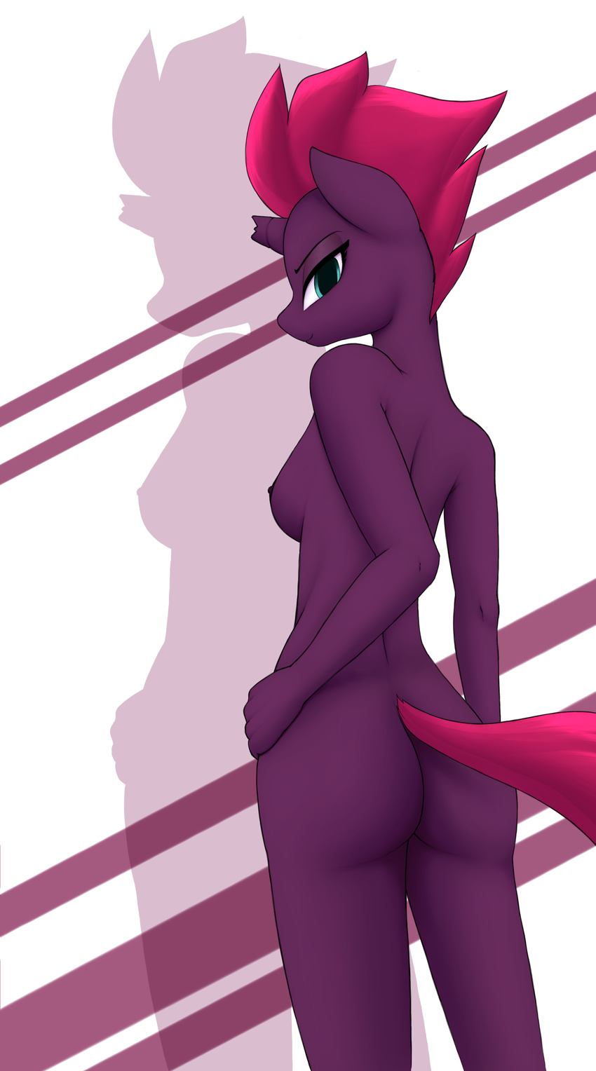 2018 absurd_res anearbyanimal anthro anthrofied breasts broken_horn butt digital_media_(artwork) equine female fizzlepop_berrytwist_(mlp) hair hi_res horn mammal my_little_pony my_little_pony_the_movie nipples nude smile solo tempest_shadow_(mlp) unicorn