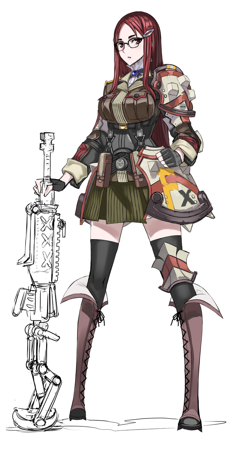 absurdres armor black_legwear boots breast_pocket breasts commentary_request full_body glasses gloves gun hair_ornament hairclip highres holding honjou_raita knee_boots large_breasts long_hair minerva_victor official_art open_mouth planted_weapon pocket red_eyes red_hair senjou_no_valkyria senjou_no_valkyria_4 shoulder_armor simple_background single_knee_pad skirt solo standing thighhighs turtleneck weapon white_background zettai_ryouiki
