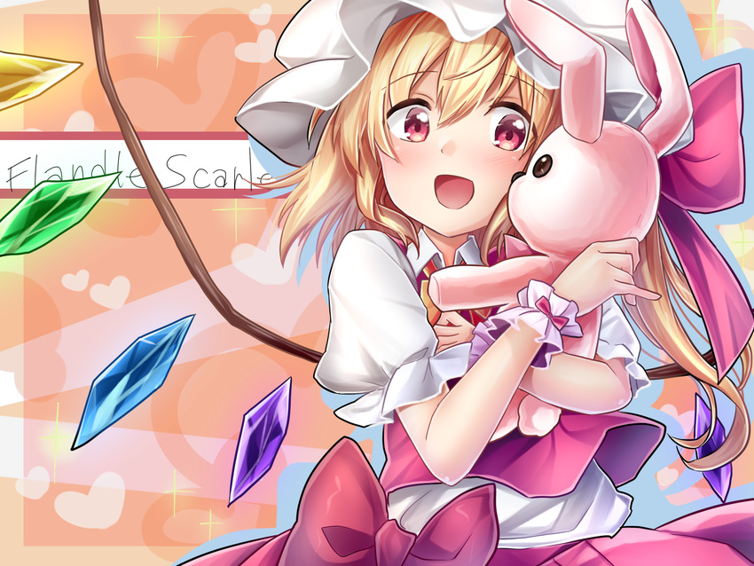 :d blonde_hair blush character_name crystal flandre_scarlet hair_between_eyes hat heart heart_background highres holding holding_stuffed_animal long_hair looking_at_viewer mob_cap open_mouth puffy_short_sleeves puffy_sleeves red_eyes red_skirt red_vest sea_scorpion_(umisasori) shirt short_sleeves side_ponytail skirt smile solo stuffed_animal stuffed_bunny stuffed_toy touhou vest white_shirt wings