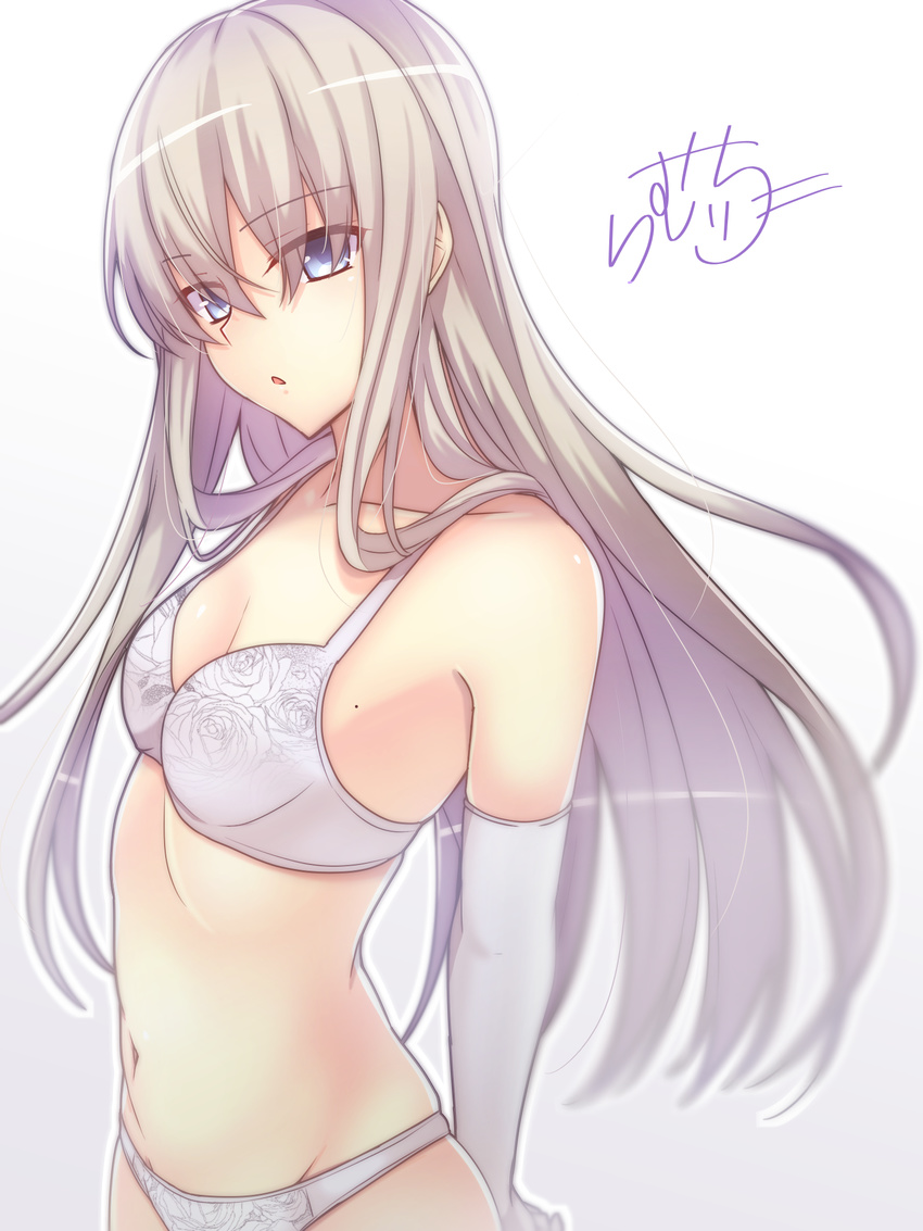 bangs bare_shoulders blue_eyes bra breasts collarbone elbow_gloves eyebrows_visible_through_hair floral_print gloves highres long_hair looking_away looking_down navel original panties print_bra print_panties ramchi rose_print shiny shiny_hair signature silver_hair simple_background small_breasts solo stomach straight_hair tsurime underwear underwear_only upper_body white_background white_bra white_gloves white_panties