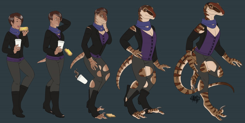 anthro breasts brown_hair cleavage clothed clothing dinosaur female flat_chested hair human mammal raptor scalie short_hair starvinartmajor theropod torn_clothing transformation