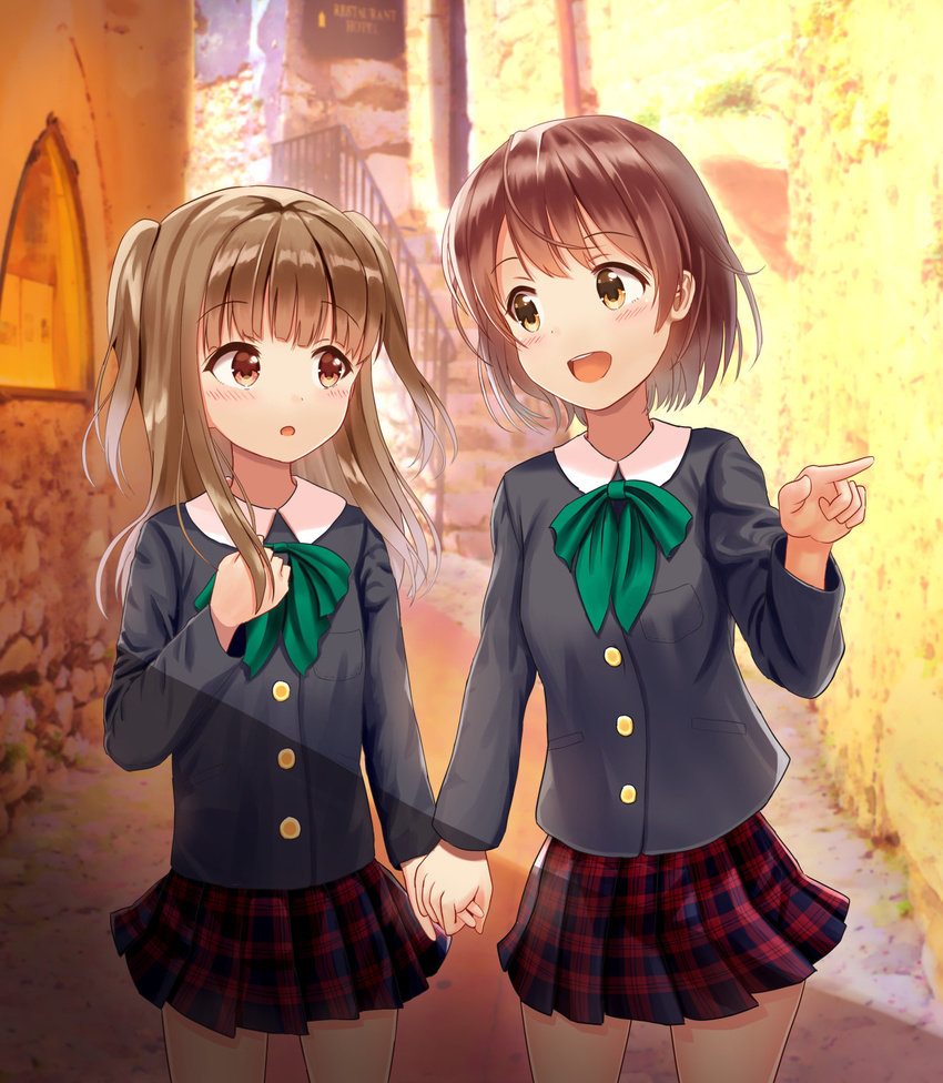 :d bangs black_shirt blush brown_eyes brown_hair commentary_request cowboy_shot day eye_contact eyebrows_visible_through_hair green_neckwear hand_on_own_chest highres holding_hands light_brown_hair long_hair long_sleeves looking_at_another mimikaki_(men_bow) multiple_girls open_mouth original outdoors parted_lips plaid plaid_skirt pleated_skirt pointing railing red_skirt school_uniform shirt sign skirt smile stairs standing stone_stairs two_side_up upper_teeth yuri