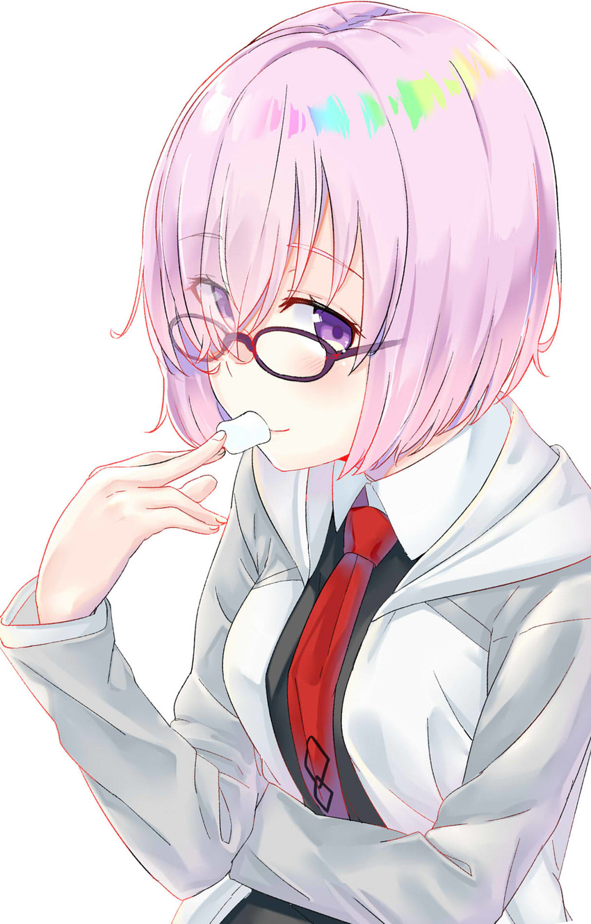 black-framed_eyewear black_dress closed_mouth collared_dress dress eyes_visible_through_hair fate/grand_order fate_(series) food glasses hair_over_one_eye highres jacket long_sleeves looking_at_viewer marshmallow mash_kyrielight necktie open_clothes open_jacket pink_hair red_neckwear shiny shiny_hair shisuo short_hair simple_background smile solo tareme upper_body white_background white_jacket wing_collar