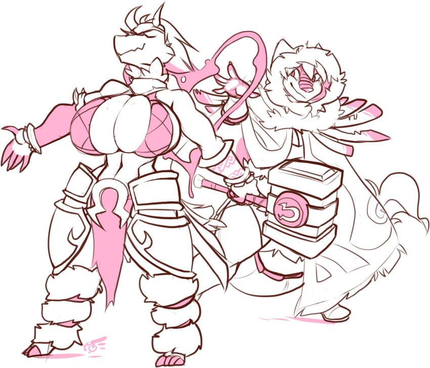 anthro big_breasts breasts clothed clothing dragon duo eyes_closed female fur furred_dragon hair hammer horn hybrid jintonic loincloth smile standing tools wide_hips