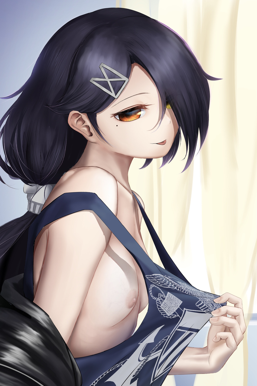 :p absurdres areolae azur_lane black_hair breasts cassin_(azur_lane) clothes_writing commentary_request curtains emblem from_side hair_and_beard hair_ornament hair_over_one_eye hair_ribbon hairclip heterochromia highres looking_at_viewer low_ponytail medium_hair mole mole_under_eye nipples orange_eyes ribbon shirt shirt_pull sleeveless sleeveless_shirt small_breasts solo tongue tongue_out upper_body veiny_breasts window yellow_eyes