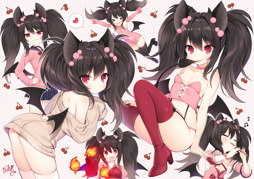 &gt;_&lt; :3 :d :p animal_ears arm_support ass back_cutout bangs bare_arms bare_shoulders bat_ears bat_wings beamed_eighth_notes bell black_footwear black_hair black_legwear black_wings blue_sailor_collar blue_skirt blush boots breasts brown_sweater bustier byulzzimon cardigan character_request cherry choker closed_eyes closed_mouth collarbone collared_shirt commentary_request demon_tail diagonal-striped_background diagonal_stripes dress eighth_note elbow_gloves eyebrows_visible_through_hair fang fire flute food fruit garter_straps gloves hair_between_eyes hair_bobbles hair_ornament hands_on_hips heart heart_cutout holding holding_instrument instrument jingle_bell juliet_sleeves leaning_forward long_hair long_sleeves looking_at_viewer mabinogi multiple_views music musical_note off_shoulder open_cardigan open_clothes open_mouth outstretched_arms panties pink_cardigan pink_choker pink_dress pink_gloves pink_panties pink_shirt plaid plaid_skirt playing_instrument pleated_skirt puffy_short_sleeves puffy_sleeves red_eyes red_footwear red_legwear sailor_collar school_uniform shirt short_sleeves sidelocks signature sitting skirt sleeveless sleeveless_dress sleeves_past_fingers sleeves_past_wrists small_breasts smile spoken_heart standing striped striped_background sweater tail thigh_boots thighhighs tongue tongue_out twintails underwear v-shaped_eyebrows very_long_hair white_legwear wings xd