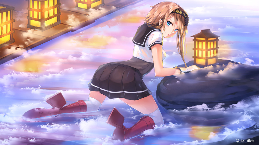 black_gloves black_skirt blue_eyes blush boots braid breasts clothes_writing corset from_behind gloves hand_on_head headband highres kantai_collection knee_boots kneeling lantern light_brown_hair looking_at_viewer looking_back medium_breasts pleated_skirt red_footwear rizihike rudder_shoes sailor_collar short_sleeves skirt solo teruzuki_(kantai_collection) thighs twin_braids two-tone_gloves white_gloves