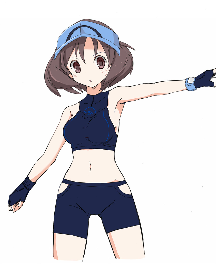 1girl ace_trainer_(pokemon) arm_up armpits bare_shoulders bike_shorts blue_gloves blue_hat blush breasts brown_eyes brown_hair cropped_legs female fingerless_gloves gloves hat highres looking_at_viewer matching_hair/eyes medium_breasts midriff nagitaro navel npc_trainer open_mouth outstretched_arm poke_ball_theme pokemon pokemon_(game) pokemon_sm short_hair simple_background solo sports_bra standing sweat thigh_gap visor_cap white_background