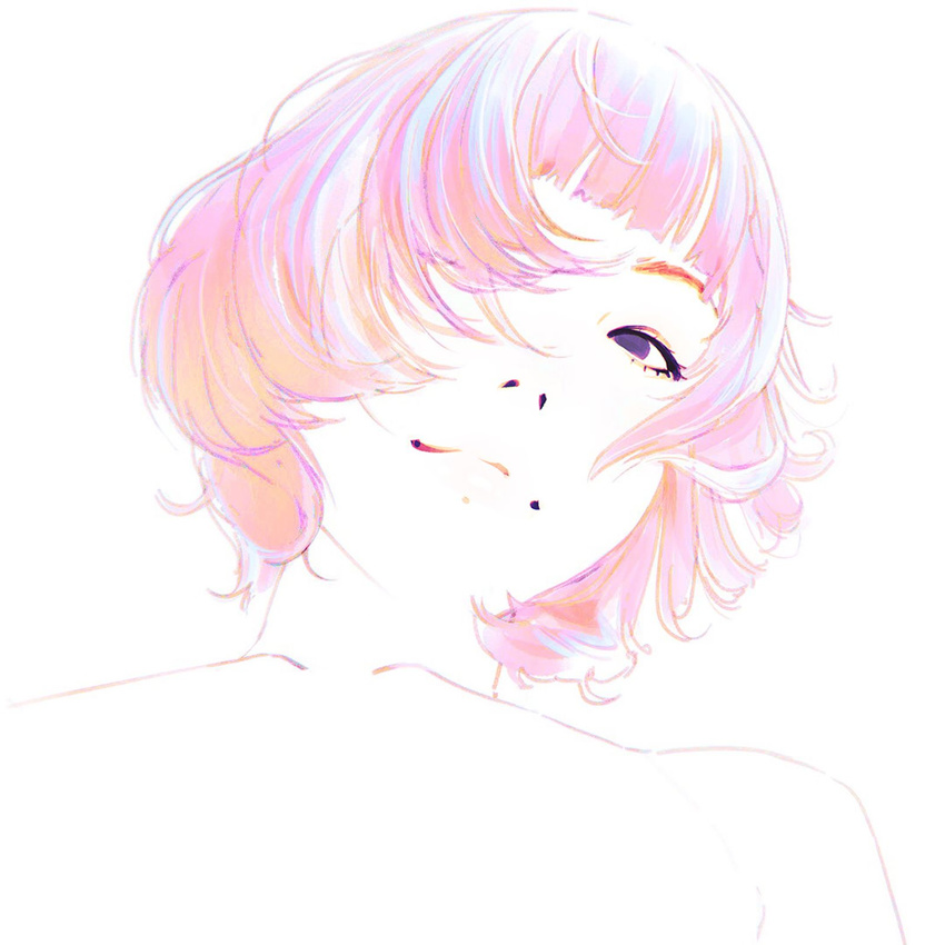 black_eyes close-up face from_below hair_over_one_eye highres ilya_kuvshinov looking_at_viewer multicolored_hair original out-of-frame_censoring short_hair simple_background smile solo topless