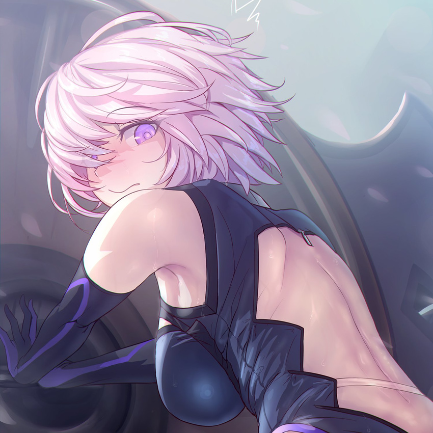 1girl armpits aya_shobon back back_cutout bare_shoulders black_gloves black_leotard blush breasts closed_mouth cowboy_shot elbow_gloves fate/grand_order fate_(series) from_behind gloves hair_over_one_eye highres large_breasts leaning_forward lens_flare leotard looking_back mash_kyrielight nose_blush oversized_object petals pink_hair purple_eyes shield short_hair solo standing sweat thighs