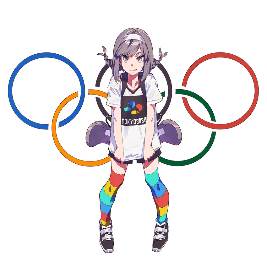 2020 2020_summer_olympics backpack bag bangs black_footwear braid clothes_writing commentary_request grey_eyes grey_hair grin hairband highres kamameshi_gougoumaru looking_at_viewer multicolored multicolored_clothes multicolored_legwear multicolored_stripes olympic_rings olympics original parted_lips pigeon-toed shirt shoes short_shorts shorts simple_background smile solo standing striped striped_legwear thighhighs twin_braids white_background white_shirt