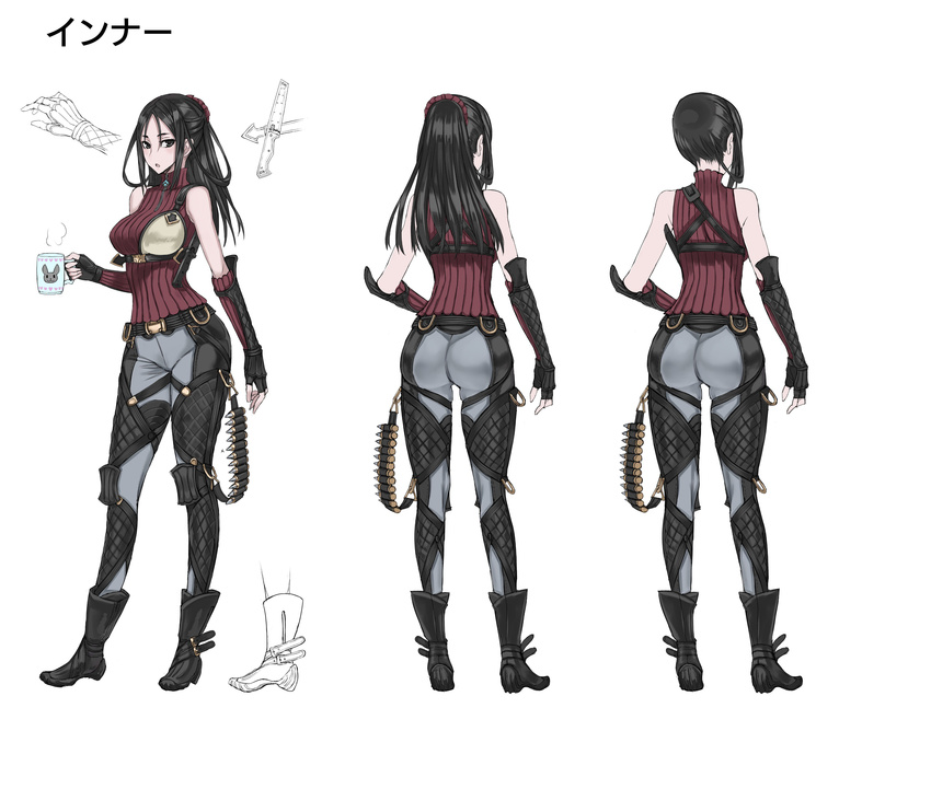 absurdres ankle_boots ass bangs bare_shoulders black_eyes black_footwear black_hair boots breasts commentary_request concept_art elbow_gloves fingerless_gloves full_body glass gloves highres holding holster honjou_raita kai_schren knife large_breasts long_hair looking_at_viewer multiple_views official_art open_mouth pants ribbed_sweater senjou_no_valkyria senjou_no_valkyria_4 simple_background sleeveless standing sweater turnaround white_background