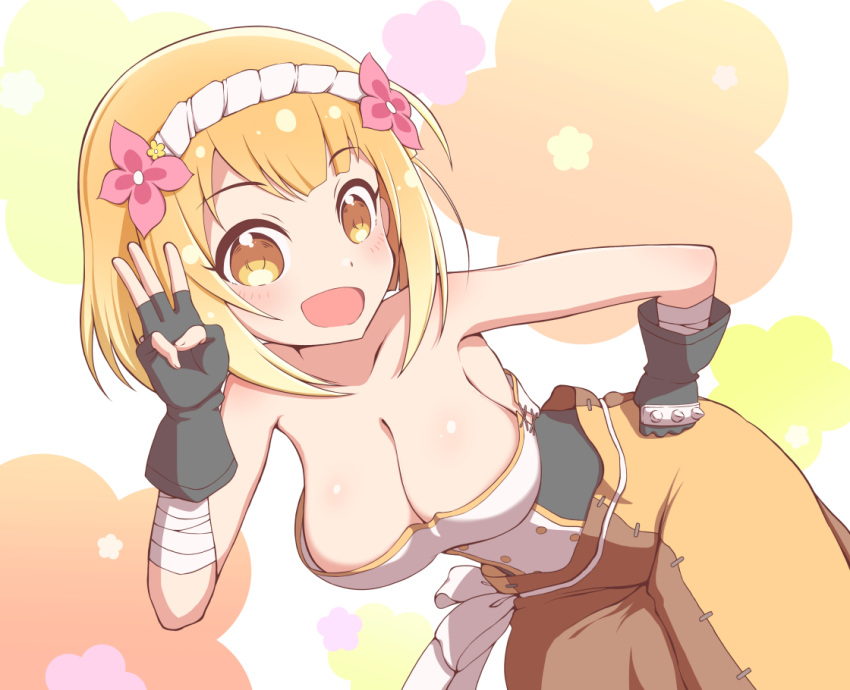 1girl 4869_sbrk bandage bandaged_arm bandages blonde_hair blush breasts cleavage downblouse endro! eyebrows_visible_through_hair fai_fai flower flower_background gloves hair_flower hair_ornament hairband hand_on_hip hanging_breasts large_breasts leaning_forward looking_at_viewer no_bra open_mouth short_hair smile solo standing yellow_eyes