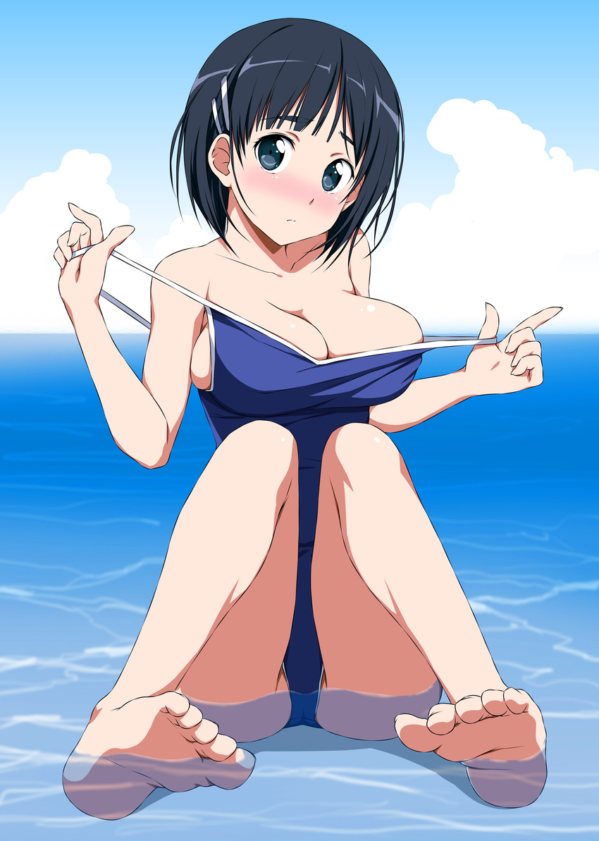 ass bare_arms bare_legs bare_shoulders barefoot black_hair blue_eyes blue_sky blush breasts cloud commentary_request competition_school_swimsuit day embarrassed hair_ornament hairclip highres index_finger_raised kirigaya_suguha large_breasts looking_at_viewer nori_tamago nose_blush one-piece_swimsuit outdoors school_swimsuit short_hair sitting sky solo swimsuit swimsuit_pull sword_art_online water