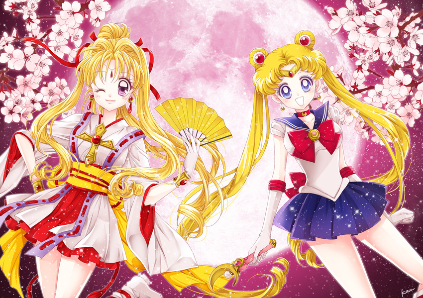 :d bangs bishoujo_senshi_sailor_moon blonde_hair blue_eyes blue_sailor_collar blue_skirt bow brooch cherry_blossoms choker circlet closed_mouth cowboy_shot crescent crescent_earrings cross crossover double_bun earrings elbow_gloves fan folding_fan full_moon gloves hair_intakes hair_ornament hair_ribbon hairpin holding holding_wand jewelry kaitou_jeanne kamikaze_kaitou_jeanne kusakabe_maron long_hair looking_at_viewer magical_girl moon moon_stick multiple_girls obi one_eye_closed open_mouth parted_bangs pink_background pink_moon pleated_skirt ponytail purple_eyes red_bow red_neckwear red_ribbon red_skirt ribbon sailor_collar sailor_moon sailor_senshi_uniform sarashina_kau sash skirt smile tsukino_usagi twintails wand white_gloves