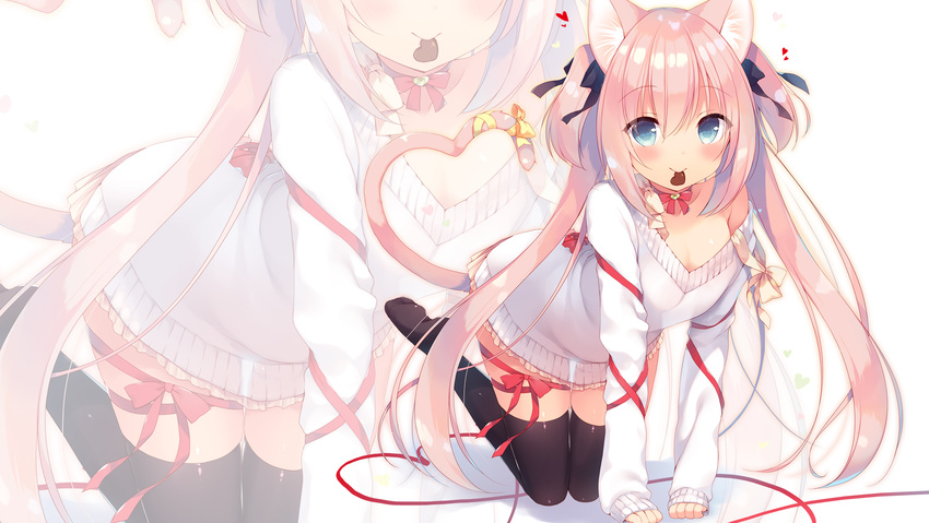 all_fours animal_ears black_legwear blue_eyes bow breasts cat_ears cat_girl cat_tail chocolate chocolate_heart choker cleavage dress food_in_mouth hair_bow hair_ribbon heart heart_tail highres long_hair looking_at_viewer mouth_hold original pink_hair red_bow red_ribbon ribbon ribbon_choker sazaki_ichiri see-through_silhouette simple_background small_breasts smile solo tail tail_bow tail_raised tail_ribbon thigh_bow thigh_ribbon thighhighs two_side_up valentine very_long_hair white_background white_dress yellow_bow yellow_ribbon zettai_ryouiki zoom_layer