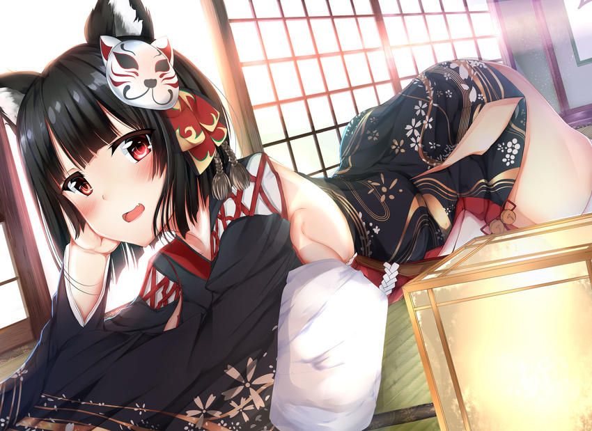 :d absurdres animal_ears azur_lane bangs bare_shoulders bell black_hair black_kimono blush breasts cat_ears cat_mask detached_sleeves eyebrows eyebrows_visible_through_hair fang floor floral_print from_side hair_ribbon hand_on_own_head highres hiragi_ringo indoors japanese_clothes jingle_bell kimono long_sleeves looking_at_viewer lying mask mask_on_head medium_breasts no_bra on_stomach open_mouth red_eyes red_ribbon ribbon short_hair short_kimono sideboob smile solo straight_hair tassel tatami thighhighs tongue white_legwear wide_sleeves yamashiro_(azur_lane)