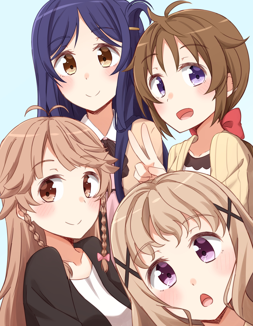 absurdres bangs black_jacket blue_background blue_hair blush bow braid brown_eyes brown_hair cardigan closed_mouth collared_dress dress eyebrows_visible_through_hair hair_bow hair_ornament hairclip high_school_fleet highres jacket kapatarou light_brown_hair long_hair marikouji_kaede multiple_girls nosa_kouko open_mouth pink_bow pink_dress purple_eyes red_bow shirt sidelocks simple_background smile twin_braids uda_megumi very_long_hair white_dress white_shirt x_hair_ornament yagi_tsugumi