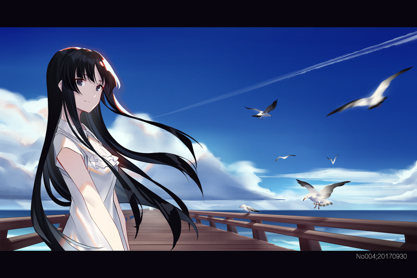 akiyama_mio animal bird black_hair blue_sky buttons closed_mouth cloud commentary condensation_trail cowboy_shot dated day dress dress_shirt eyebrows_visible_through_hair flying frilled_shirt frills from_side grey_eyes hime_cut horizon k-on! long_hair looking_at_viewer ocean outdoors pier seagull shiny shiny_clothes shiny_hair shirt short_sleeves sky solo standing sundress v_arms white_shirt wooden_floor zjm530280188