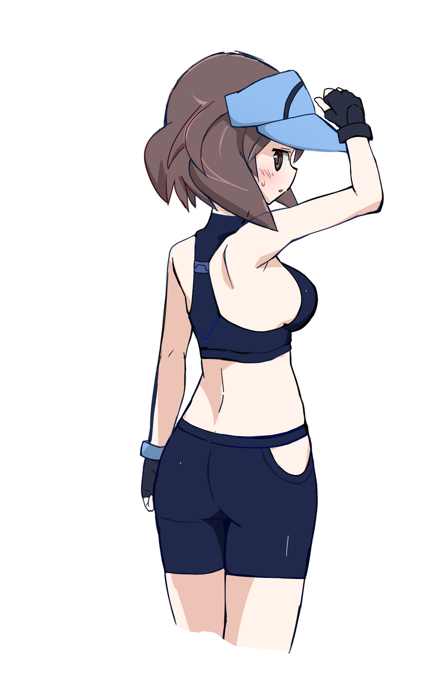 1girl ace_trainer_(pokemon) arm_up armpits ass back bare_shoulders bike_shorts black_gloves blue_hat blush breasts brown_eyes brown_hair cropped_legs female fingerless_gloves from_behind gloves half-closed_eyes hat highres looking_at_viewer looking_back looking_to_the_side matching_hair/eyes medium_breasts midriff nagitaro npc_trainer open_mouth poke_ball_theme pokemon pokemon_(game) pokemon_sm short_hair shy sideboob simple_background solo sports_bra standing sweat visor_cap white_background