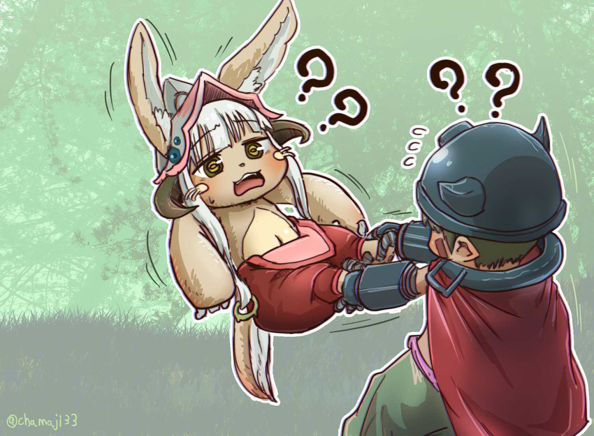 1other ? animal_ears bangs brown_hair cape chamaji commentary_request ears_through_headwear eyebrows_visible_through_hair facial_mark floating flying_sweatdrops furry grass hat helmet highres horned_helmet long_hair made_in_abyss mechanical_arms nanachi_(made_in_abyss) open_mouth pants paws pulling regu_(made_in_abyss) signature tail tree twitter_username whiskers white_hair